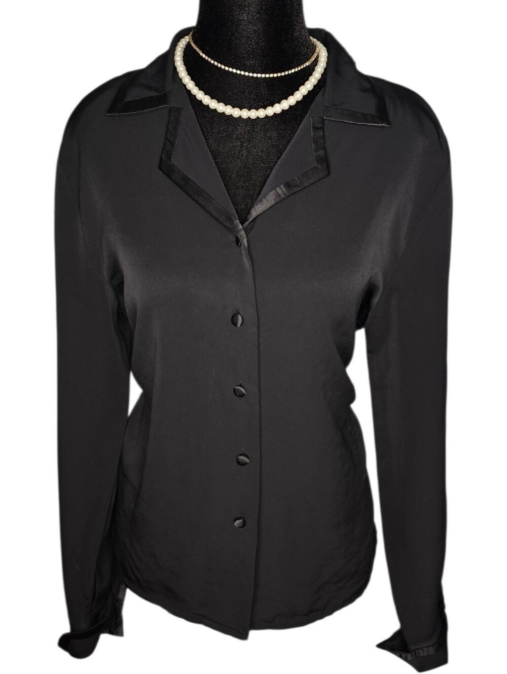 Vintage 90s Joanna Black Satin-Trim Button Down Blouse Size S